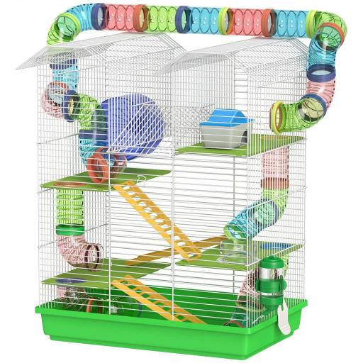 Jaula para Hámster de 5 Niveles 47x30x59 cm con Túnel Comedero Bebedero Casita Rueda de Ejercicio Escaleras Verde [8]