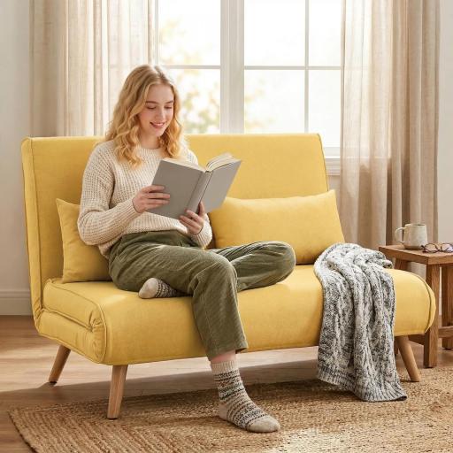 Sofá Cama de 2 Plazas Plegable Sofá Cama Tapizado en Lino con Respaldo Ajustable 5 Posiciones 2 Almohadas Amarillo [6]