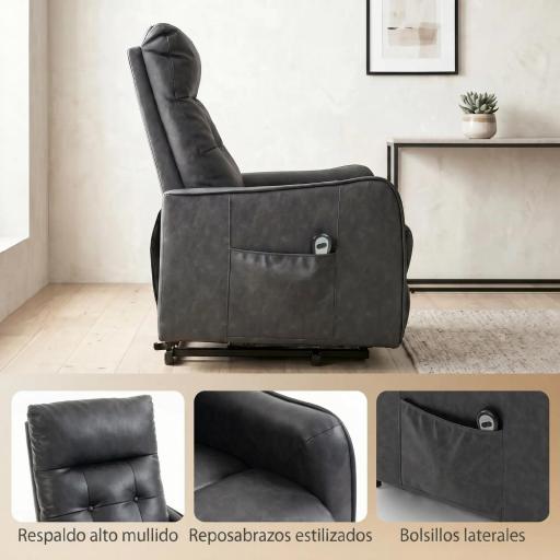 Sillón Relax Reclinable Eléctrico Levanta Personas de Cuero PU Control Remoto Asiento con Resorte Reposapiés Gris [6]