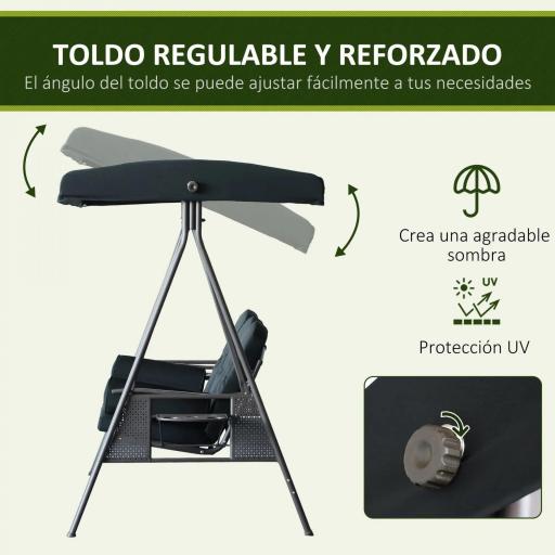 Columpio de Jardín Exteriorde 3 Plazas con Toldo Ajustable Bandejas Laterales y 2 Almohadas 208x121x172 cm Negro [2]