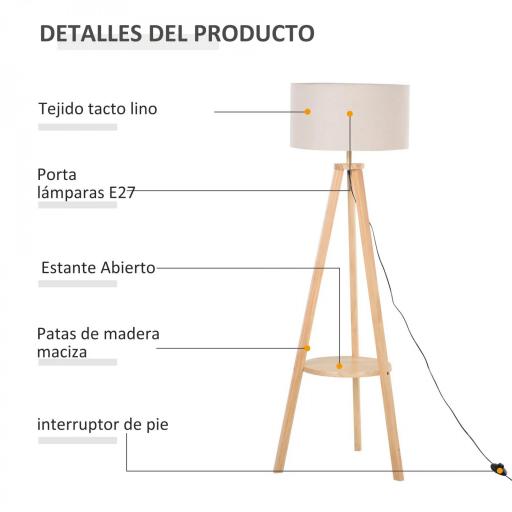 Lámpara de Pie Tipo Trípode con Estructura de Madera Natural y Pantalla de Tela Beige con Estante Integrado 50x50x154 cm [5]