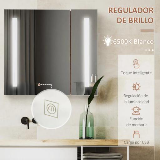 Armario con Espejo de Baño con Luz LED Mueble de Baño Colgante con Interruptor Táctil 70x15x65cm Marrón Rústico [4]