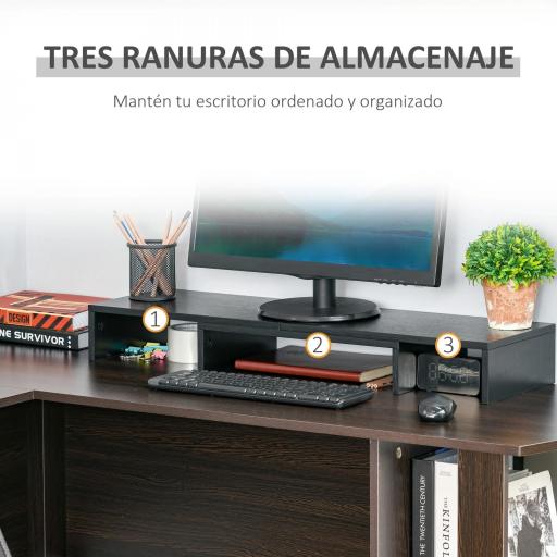 Soporte Elevador para Monitores de Madera Ajustable en Longitud y Ángulo para 2 Pantallas de Ordenador Portátil 80-117x23,5x10 cm Negro [3]