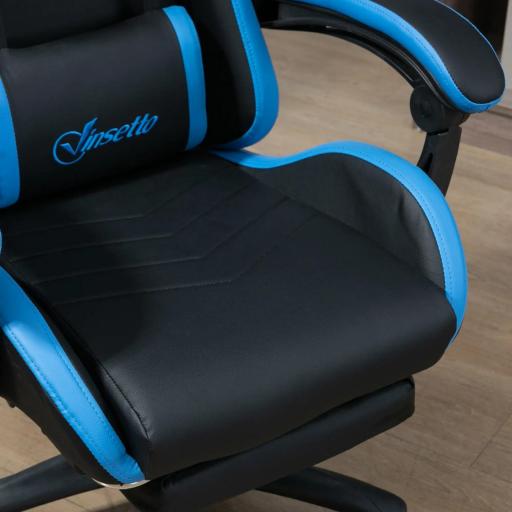 Silla Gaming Silla Gamer de Cuero PU Reclinable 135° Reposacabezas y Reposapiés 65x65x121-129 cm Negro y Azul [6]