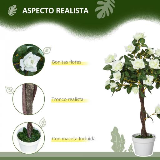 Planta Artificial de 90 cm Rosa Blanca Realista con 21 Flores y 350 Hojas Anti-UV Maceta de Cemento Verde [4]