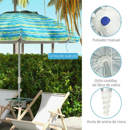 Sombrilla de Playa Ø190x215 cm con Reclinación 45° Altura Ajustable y Mesa con Portavasos Anti-UV Impermeable Multicolor [3]