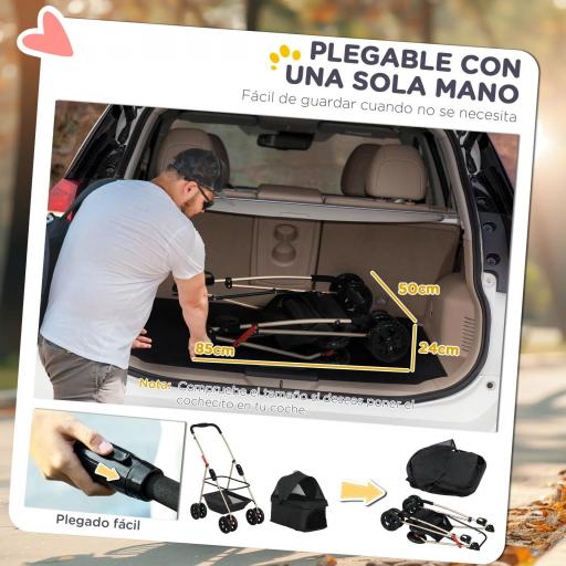 Carrito para Perros Plegable 3 en 1 con Cesta de Almacenaje Ventana de Malla y Sistema de Seguridad 76x50x102 cm Negro [4]