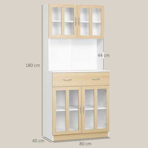 Alacena de Cocina con 4 Puertas de Vidrio Encimera Abierta Cajón Estantes Ajustables 80x40x180 cm Blanco y Natural [1]