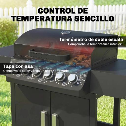 Barbacoa de Gas con 6 Quemadores 15 kW Termómetro Parrilla Mesas Laterales Armario y Ruedas 135x51x101 cm Negro [7]