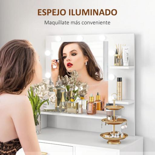Tocador de Maquillaje con Taburete Espejo LED Cajones Estante Ajustable y Estantes Abiertos para Dormitorio Blanco [5]