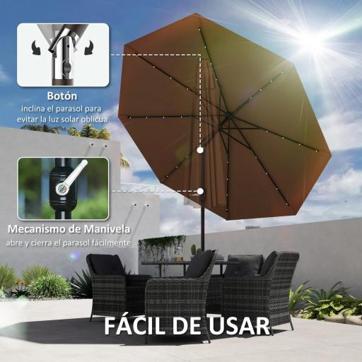 Sombrilla de Jardín Ø265 cm con 32 Luces LED Solares Manivela y Poste de Acero para Patio Terraza Marrón [4]