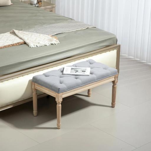 Banco Pie de Cama Tapizado en Lino Sintético con Patas de Madera y Asiento Acolchado Estilo Vintage Gris Claro [6]