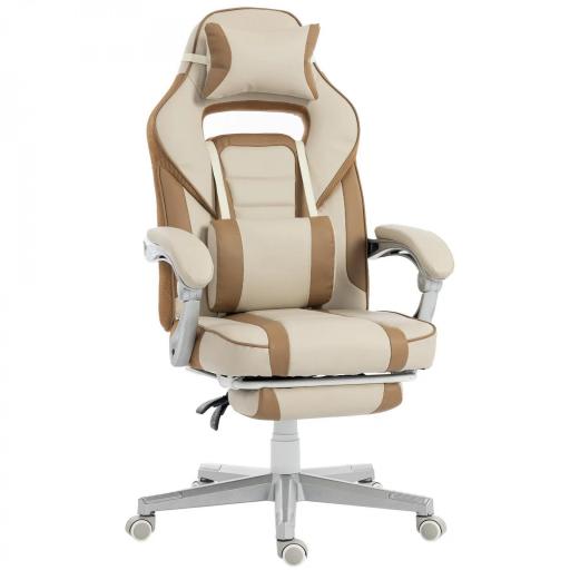 Silla Gamer Reclinable con Altura Ajustable Reposapiés Retráctil Soporte Lumbar y Reposacabezas Desmontable Crema [9]