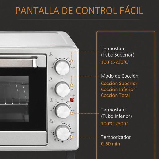 Horno Eléctrico de Sobremesa 32L 1600W con 3 Modos de Calor Temporizador y Temperatura Regulable 52,2x38,1x33,5 cm Plata [3]