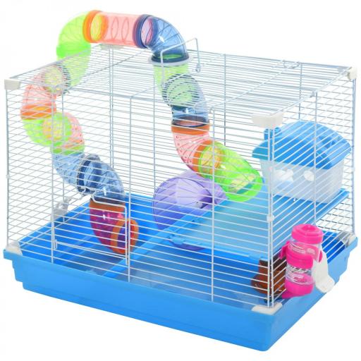 Jaula para Hámster 46x30x37 cm Casa para Hámster con Tubos Comedero Bebedero Rampa Rueda de Ejercicio y Asa Portátil para Interior y Exterior Azul y Blanco [8]