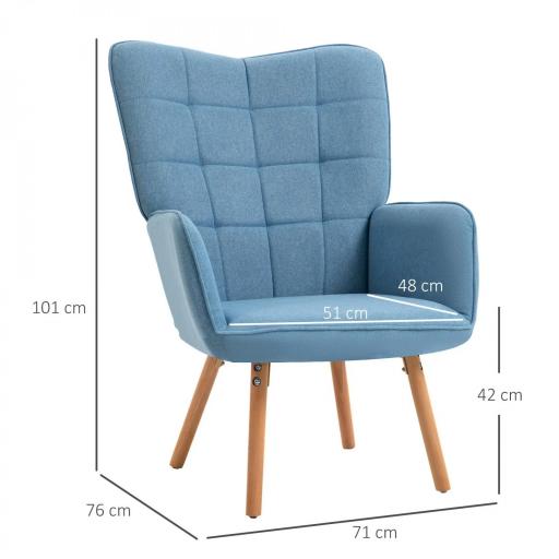 Sillón Individual con Respaldo Alto Reposabrazos Tela de Lino y Patas de Madera para Comedor Cocina 71x76x101cm Azul [1]