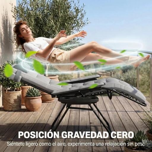 Silla de Gravedad Cero Tumbona Plegable y Reclinable Ajustable con Reposabrazos Reposacabezas Portavasos Gris Claro [2]