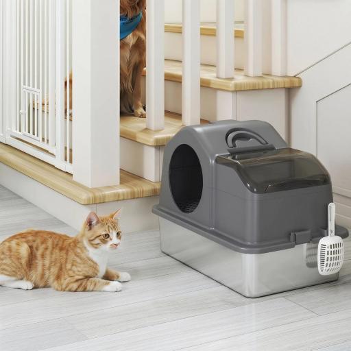 Arenero para Gatos Cubierto con Bandeja de Acero Inoxidable Tapa Extraíble Bordes Altos Fácil de Limpiar Gris Oscuro [3]