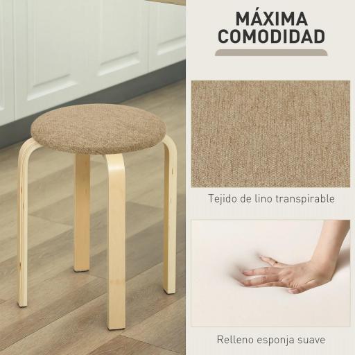 Juego de 4 Taburetes Redondos de Madera Apilables con Asiento Acolchado para Cocina Comedor Dormitorio Caqui [5]
