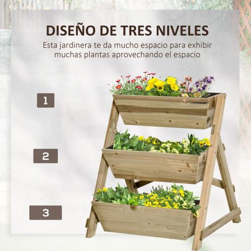 Jardinera de Escalera de 3 Niveles Maceteros de Madera Jardinera Vertical con Tela no Tejida y Orificios de Drenaje Huerto Urbano para Plantas Macetas Flores Jardín 71x61x77 cm Natural [2]