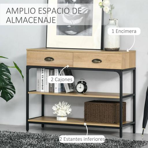 Mesa de Entrada con 2 Cajones y 2 Estantes de Almacenamiento Marco de Acero 100x35x79,2 cm Roble [2]