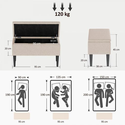 Banco de Pie de Cama Baúl de Almacenaje para Dormitorio con Tapa Abatible y Patas de Madera 95x38x45 cm Crema [1]
