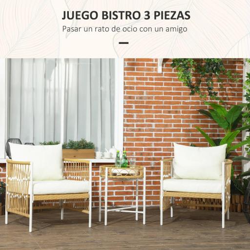 Conjunto Jardín Exterior de 2 Sillas y Mesa de Ratán con Cojines Acolchados para Balcón Terraza Amarillo y Crema [2]