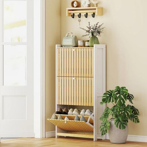 Zapatero Estrecho con 3 Puertas de Bambú con Listones Estantes Ajustables para 18 Pares de Zapatos Blanco y Natural [4]