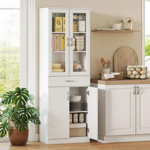 Alacena de Cocina con Puertas de Vidrio Cajón Estantes Ajustables para Comedor Salón 60x35x180 cm Blanco [2]
