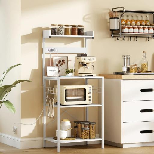 Estantería de Cocina con 2 Tomacorrientes Estante para Microondas Estante Ajustable Ganchos 60x42x137 cm Blanco [0]