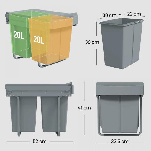 Cubo de Basura bajo Fregadero 2 Contenedores de Reciclaje Extraíble 2 x 20 L Deslizamiento Suave Gris [1]