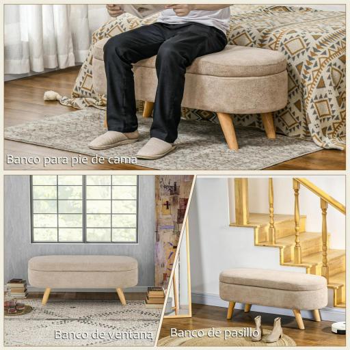 Banco de Almacenaje con Patas de Madera y Asiento Acolchado Carga 120 kg Puff Almacenaje Ovalado Beige [4]