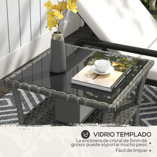 Mesa de Jardín de Ratán PE Cuadrada 50x50x45 cm con Estante Encimera de Cristal y Marco de Acero Carga 30 kg Gris [5]