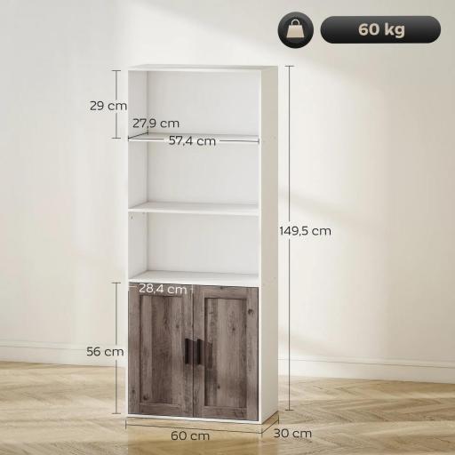 Estantería para Libros Estrecha Librería con Puertas Estantes Abiertos y Armario 60x30x149,5 cm Blanco y Marrón [1]