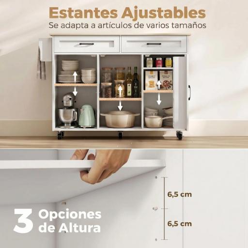 Isla de Cocina con Encimera Extensible Ruedas 2 Cajones 3 Armarios Estantes en la Puerta Toallero Blanco [8]