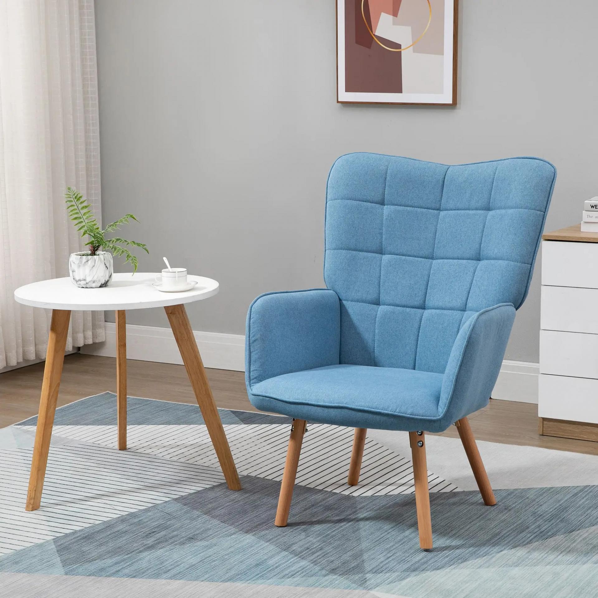 Sillón Individual con Respaldo Alto Reposabrazos Tela de Lino y Patas de Madera para Comedor Cocina 71x76x101cm Azul