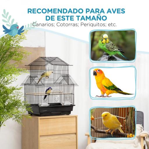 Jaula para Pájaros de Acero Pajarera con Bandeja Extraíble y 2 Comederos Pinzones Periquitos 50,5x41x63 cm Negro [3]
