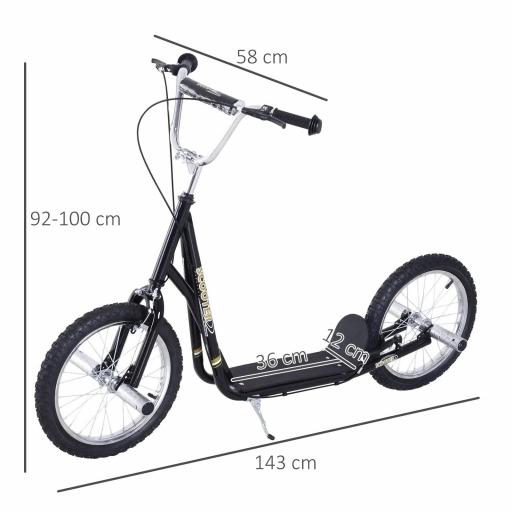 Patinete Scooter para Niños de +5 Años con Neumáticos Inflables Grandes de 16 Pulgadas con Frenos y Manillar Ajustable en Altura 143x58x92-100 cm Negro [1]