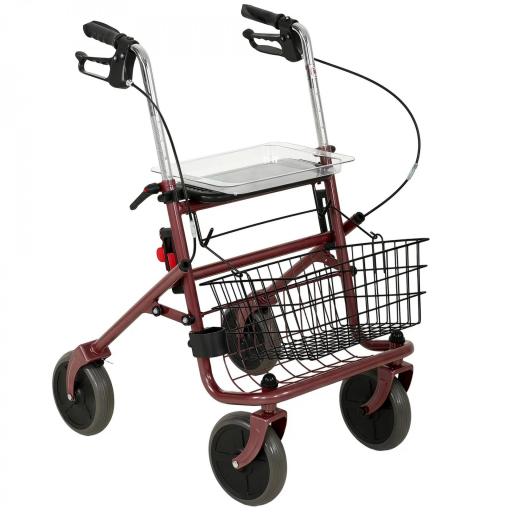 Andador para Ancianos Plegable con Asiento 4 Ruedas Altura Ajustable Frenos de Maneta Cesta Bandeja Porta Bastón Rojo [10]