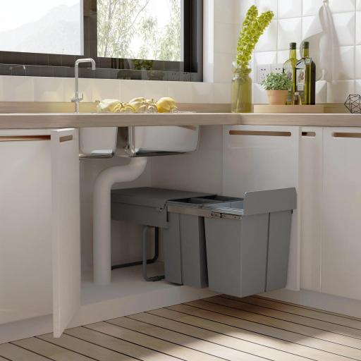 Cubo Basura Extraible Bajo Fregadero con 3 Contenedores de Reciclaje Clasificación de Residuos 48x34,2x41,8 cm Gris