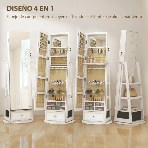 Espejo Joyero con Luces LED Armario Joyero con Espejo Entero Giratorio de 360° Cajón Cerradura Blanco [2]