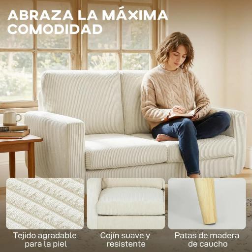 Sofá de 2 Plazas de Pana 134 cm con Patas de Madera Respaldo Grueso Sofá Moderno para Salón Dormitorio Crema [6]