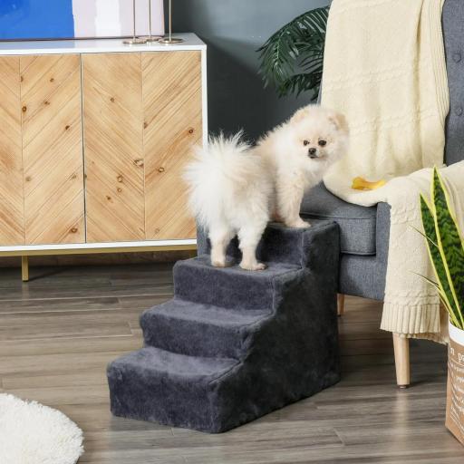 Escalera para Mascotas de 4 Peldaños con Funda Extraíble y Lavable para Cama Sofá 60x35x44 cm Gris Oscuro