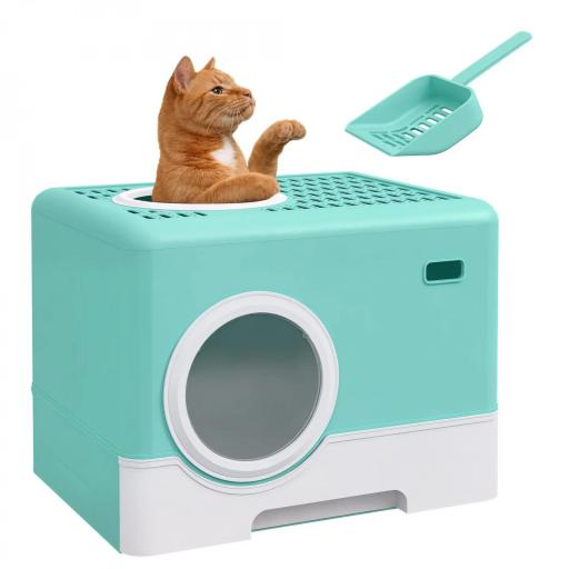 Arenero para Gatos Cubierto con Pala Bandeja Extraíble Entrada Frontal y Salida Superior 52x41x38,5 cm Verde [8]