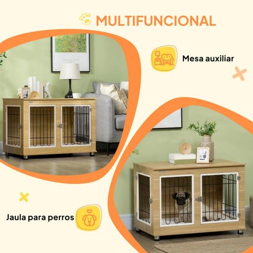 Jaula de Madera para Perros con Cojín 2 Puertas y Patas Ajustables Uso como Mesa Auxiliar o Mesita de Noche 90x58x65 cm [4]