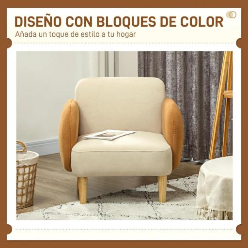 Butaca para Dormitorio con Reposabrazos y Patas de Madera Sofá Individual Carga 120 kg Beige y Ocre [2]