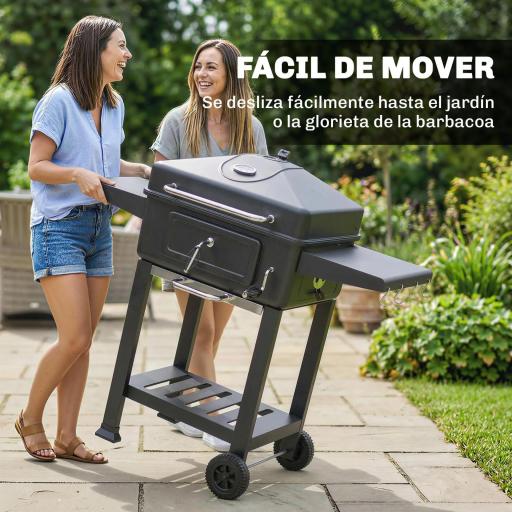 Barbacoa de Carbón con Bandeja y Ventilación Ajustable Estantes Laterales Ruedas Termómetro Tapa y Puerta [2]
