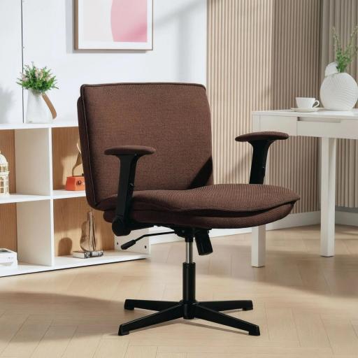 Silla de Oficina Piernas Cruzadas con Reposabrazos Abatible Asiento Ancho sin Ruedas Altura Ajustable Giratoria Marrón