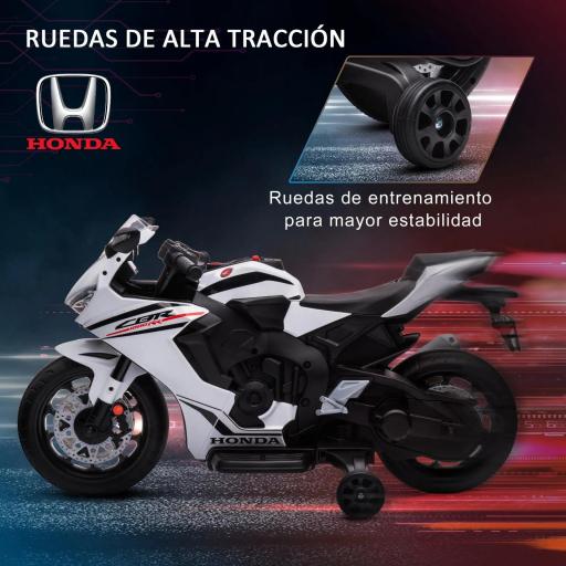 Moto Eléctrica con Licencia HONDA para 3-5 Años con Faros Bocina Música y Ruedas Auxiliares 90x44x52 cm Blanco [7]