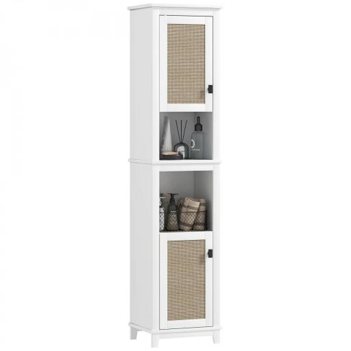 Columna de Baño con Estantes Ajustables 2 Puertas con Frontal de Ratán y 2 Compartimentos 40x30x167,5 cm Blanco [9]